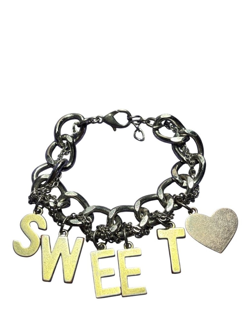 Vtg 90s Sweet Heart Silvertone Chunky Chain Bracelet Charm Goldtone Rose Goldton